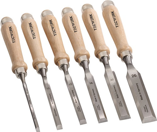 Stechbeitelsatz 6,10,12,16,20,26mm Weißbuchenh.Ulmer Form 6-tlg.Krt.TECWERK