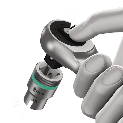 Durchsteckknarre Zyklop Metal push 1/4 ? 38 Zähne Länge 141 mm mit unverlierbarem Durchsteckvierkant WERA – Ansicht 6