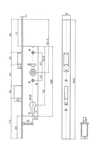 Rohrrahmen-Einsteckschloss PZW 24/35/92/10 mm DIN links / rechts Edelstahl Riegelausschluss 22 mm 340 mm BEVER – Ansicht 3