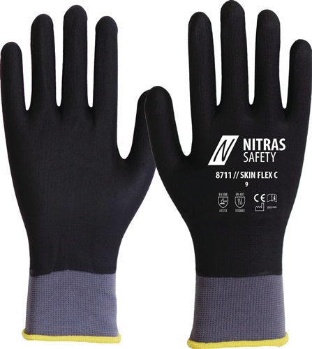 Handschuhe SKIN FLEX 3D Gr8 grau/schwarz EN 388EN 407 PSA II 12 NITRAS - VPE: 12