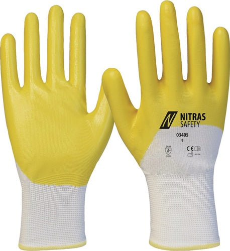 Handschuhe 03405 Gr11 weiß/gelb PES mNitril EN 388 PSA II 12 NITRAS - VPE: 12
