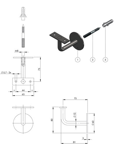 Handlaufträger Edelstahl matt Durchmesser Wandplatte 60 mm gerade Auflage INTERSTEEL – Ansicht 3