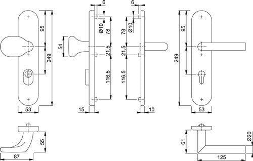 Feuerschutzgarnitur Amsterdam FS-86G/3332ZA/3310/1400F Edelstahl F69 D/K für Türstärke 42-47 mm PZ abgerundet – Ansicht 3