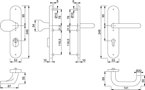 Feuerschutzgarnitur Paris FS-E138F/3331/3310 Edelstahl F69 D/D für Türstärke 42-47 mm PZ abgerundet DIN links / – Ansicht 3