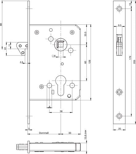 Schiebetür-Einsteckschloss 375 PZ 20/55/60/8 mm silber käntig Stulplänge 205 mm BKS – Ansicht 3