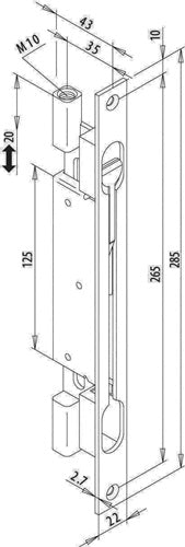 Türkantriegel Basküle 35 mmStulpb22 mm Stulpl285 mm Stahl verzinkt Flachstulp käntig FUHR – Ansicht 3