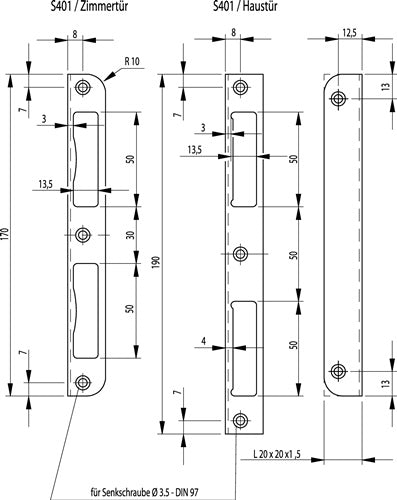 Winkelschließblech S401 Stahl silber Winkel B20xL190mm rund Tiefe 20 mm DIN links / rechts BKS – Ansicht 3