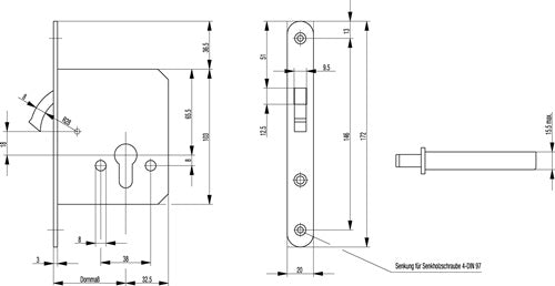 Zirkelriegelschloss 0371/0372 Zirkelriegel PZ Stahl käntig 20 x 172 mm BKS – Ansicht 3