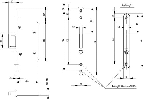 Schiebetür-Einsteckschloss 393 Stahl silber abgerundet 20/55 mm mit Springgriff und Auslöseknopf BKS – Ansicht 3