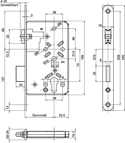 Pendeltürschloss 55 PZ 24/55 mm DIN links / rechts Stulp Edelstahl käntig Rollfalle BKS – Ansicht 3