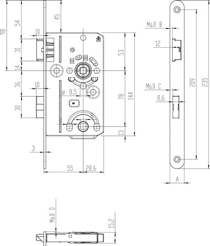 Zimmertür-Einsteckschloss BAD20/55/78/8 mm DIN links Stulp silber abgerundet Klasse 1 SSF – Ansicht 3
