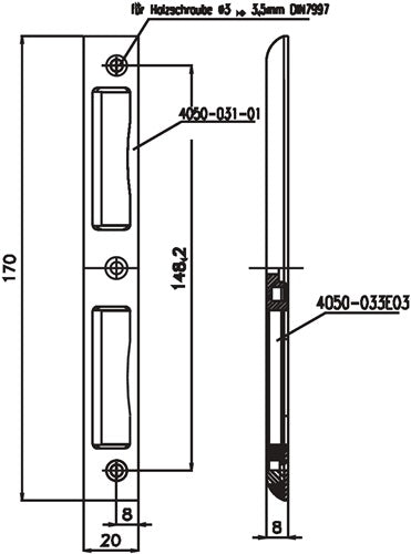 Winkelschließblech Edelstahl Winkel Breite 20 mm rund Tiefe 8 mm DIN links / rechts SSF – Ansicht 3