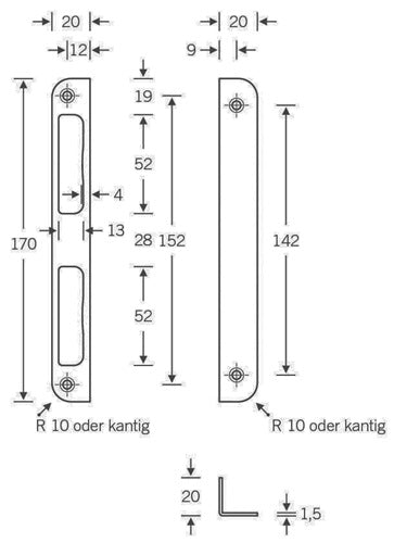Winkelschließblech Aluminium silber Winkel B20xL170mm rund Tiefe 8 mm DIN links / rechts SSF