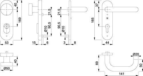 Feuerschutzgarnitur Paris FS-58/3332KZA/353K-1/138F Aluminium F1 D/K für Türstärke 42-47 mm PZ abgerundet DIN – Ansicht 3
