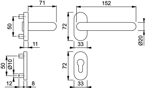 Feuerschutzgarnitur Paris FS-138GF/55/55S Aluminium F1-2 D/D für Türstärke 55-75 mm PZ oval DIN links / rechts – Ansicht 3