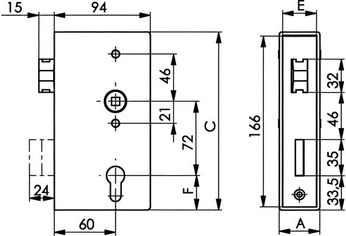 Schlosskasten 140UNIG DIN links / rechts Maß A40xB94xC173 mm Dornmaß 60 mm AMF – Ansicht 3