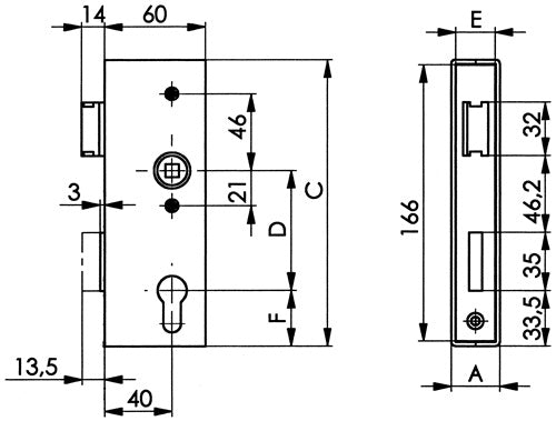 Schlosskasten 141U blank DIN links / rechts Maß A40xB60xC173 mm Dornmaß 40 mm AMF – Ansicht 3