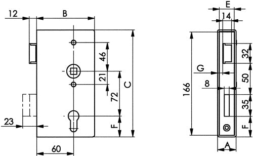 Schlosskasten 140P DIN rechts Maß A40xB945xC173 mm Dornmaß 60 mm AMF – Ansicht 3