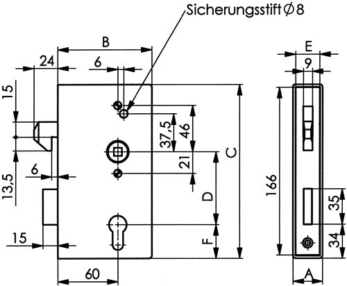 Schiebetorschlosskasten 140S DIN links / rechts Maß A50xB94xC173 mm Dornmaß 60 mm AMF – Ansicht 3