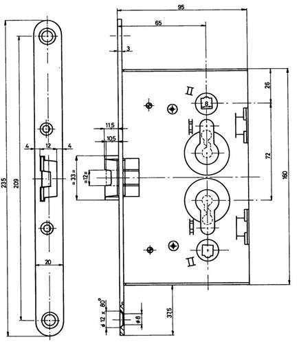Spezialeinsteckschloss für Metalltüren PZW 20/65/72/8 mm DIN links / rechts verzinkt abgerundet BEVER – Ansicht 3