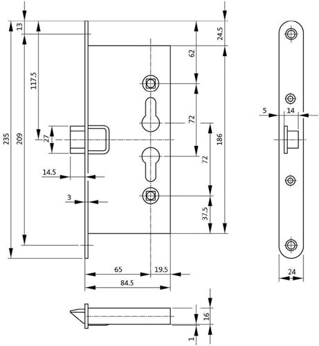 Feuerschutz-Einsteckschloss 1125 PZW 24/65/72/9 mm DIN links / rechts verzinkt abgerundet BKS – Ansicht 3