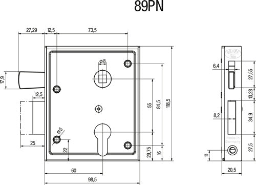 Universal-Kastenschloss 89 BK / PK DIN links / rechts PZ hebende Falle Dornmaß 60 mm BEVER – Ansicht 3