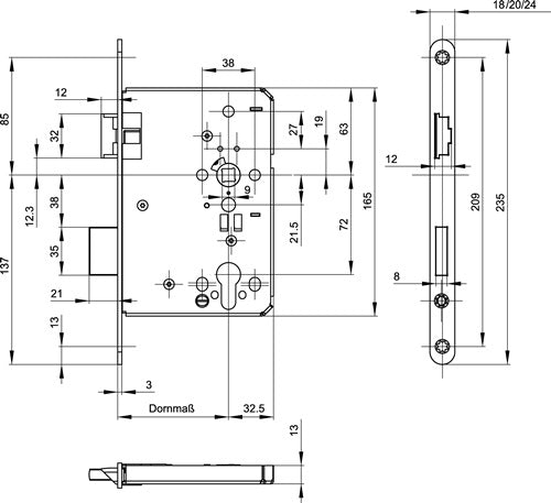 Feuerschutztürschloss B-1206 24/65/72/9 mm DIN links 24 mm abgerundet Edelstahl BKS – Ansicht 3