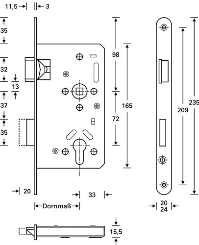 Panik-Einsteckschloss Serie 20 APE Panik-Funktion E abgerundet 24/65/72/9 mm DIN links Edelstahl SSF – Ansicht 3
