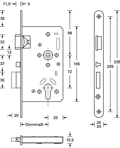 Panik-Einsteckschloss Serie 20 APK Panik-Funktion E abgerundet 20/65/72/9 mm DIN links Edelstahl – Ansicht 3