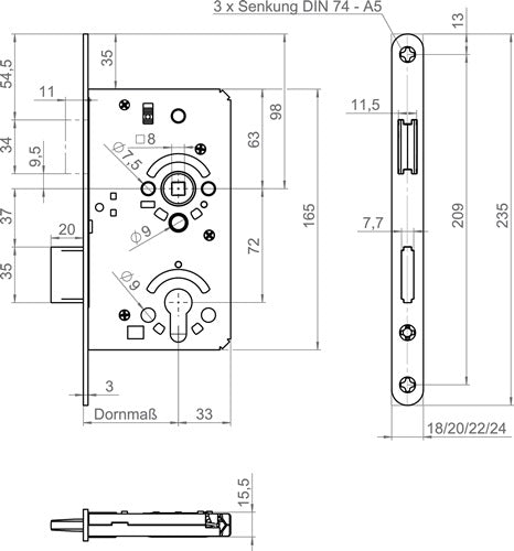 Zimmertür-Einsteckschloss MG 50 SET PZW 24/ 55/72/8 mm DIN links/rechts Edelstahl abgerundet SSF – Ansicht 4