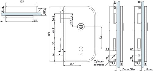 Glastürschloss 6033 PZ R- Roma Edelstahl matt PZ DIN rechts HERMAT – Ansicht 3