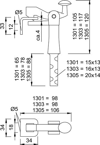 Torfeststeller 1301/1303/1305 Temperguss schwarz 105 mm 15x13 mm KWS – Ansicht 3