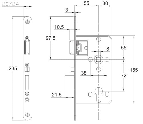 Korridor-Einsteckschloss PZW 20/55/72/8 mm DIN links / rechts Edelstahl abgerundet 008/1499/55 SCHNEGEL – Ansicht 3