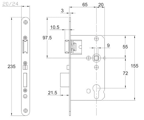 Korridor-Einsteckschloss PZW 24/65/72/9 mm DIN links / rechts Edelstahl abgerundet 008/1499/65 SCHNEGEL – Ansicht 3