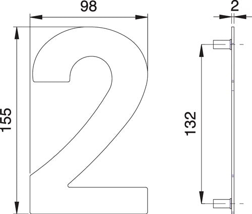 Hausnummer Ziffür 2 Edelstahl matt 150 mm Breite 98 mm EDI