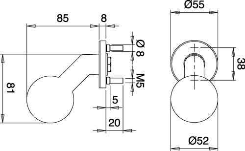 Türknopf K4/052/01 Edelstahl F00 Aufnahme 8 mm gekröpfter Kugelkopf EDI – Ansicht 3