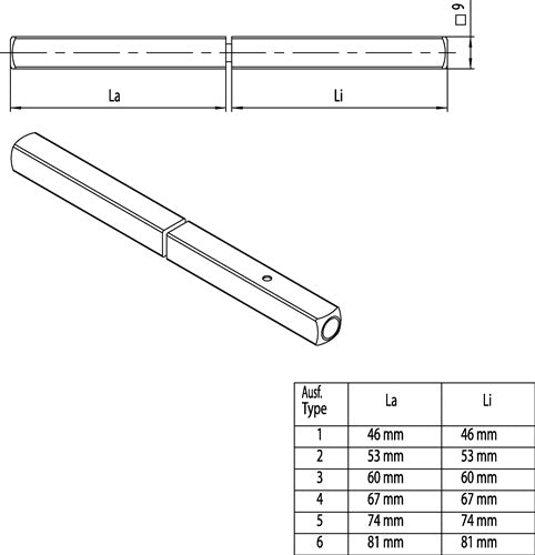 Panik-Stift 120 FS SECURE Vierkant 9 mm TS 51-57 mm geteilter Vollstift OGRO – Ansicht 3
