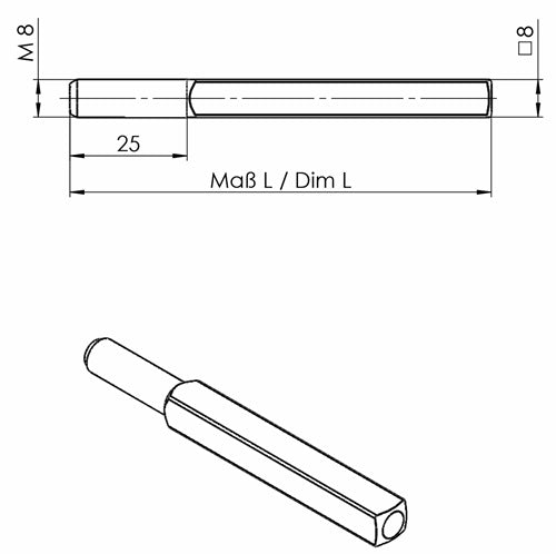 Wechselstift OGRO 115 Vierkant 8 x 105 mm Stahl M8 OGRO – Ansicht 3