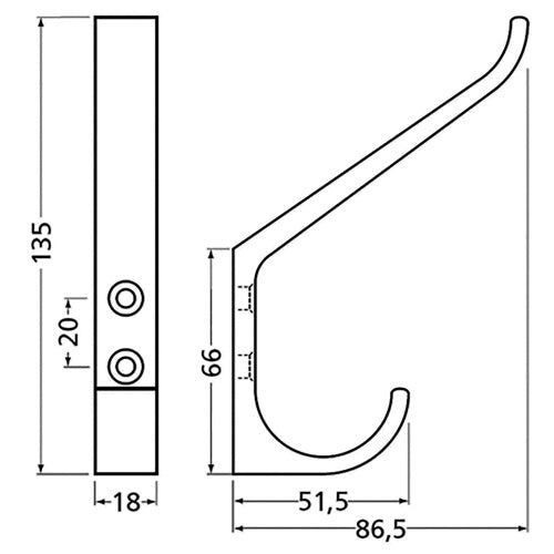 Huthaken 148 einfach Ausladung 865 mm Aluminium silberfarbig eloxiert Höhe 135 mm HERMETA – Ansicht 3