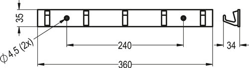 Handtuchhakenleiste 5 Haken Höhe 35 mm Länge 360 mm Aluminium silberfarbig eloxiert Ausladung 335 mm HERMETA – Ansicht 3