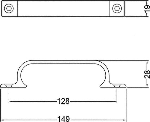 Handgriff Ausladung 28 mm Länge 149 mm Breite 19 mm Aluminium silberfarbig eloxiert Anzahl Löcher 2 HERMETA – Ansicht 3