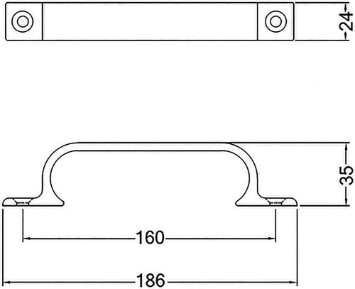 Handgriff Ausladung 35 mm Länge 186 mm Breite 24 mm Aluminium silberfarbig eloxiert Anzahl Löcher 2 HERMETA – Ansicht 3
