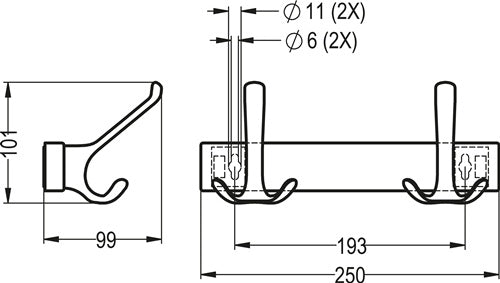 Huthakenleiste 0822-0823 3 Haken Ausladung 96 mm Leichtmetall silberfarbig eloxiert Höhe 102 mm HERMETA – Ansicht 3
