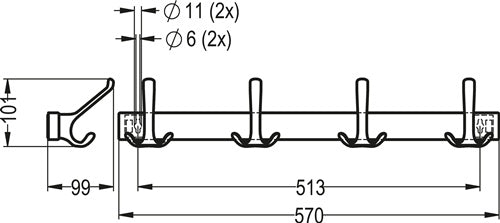 Huthakenleiste 0822-0824 4 Haken Ausladung 96 mm Leichtmetall silberfarbig eloxiert Höhe 102 mm HERMETA – Ansicht 3