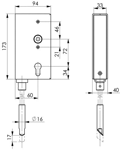 Schlosskasten 140V DIN links / rechts Maß A40xB94xC173 mm Dornmaß 60 mm AMF – Ansicht 3
