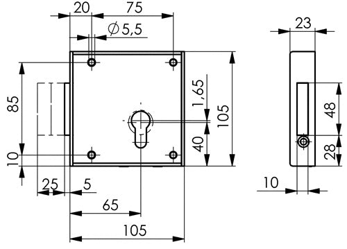 Gittertor-Riegelschloss 100 DIN links PZ aufliegend Dornmaß 65 mm AMF – Ansicht 3