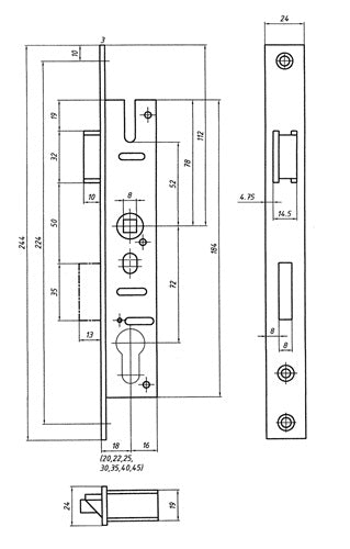Rohrrahmen-Einsteckschloss PZW 24/30/72/8 mm DIN links / rechts verzinkt Riegelausschluss 11 mm 244 mm BEVER – Ansicht 3