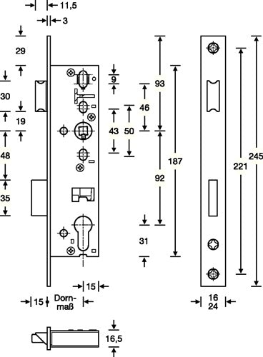 Rohrrahmen-Einsteckschloss PZW 24/45/92/8 mm DIN links / rechts Edelstahl Riegelausschluss 15 mm 245 mm SSF – Ansicht 3