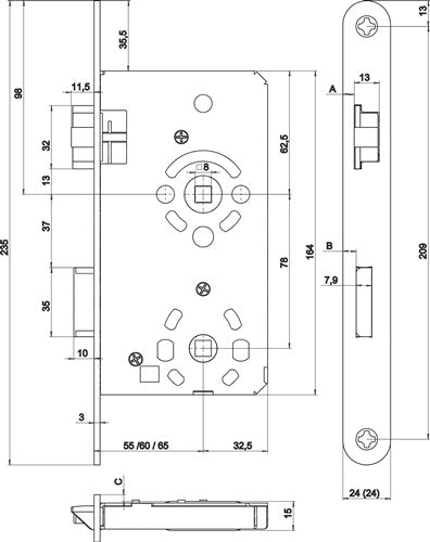 Zimmertür-Einsteckschloss BAD 20/ 55/78/8 mm DIN links silber abgerundet Klasse 3 Zinkdruckguss SSF – Ansicht 3