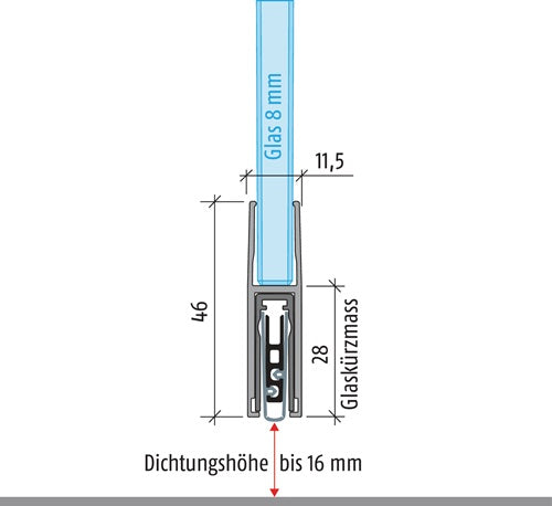 Türdichtung KG-F8 schmal 1-seitig Länge 959 mm Aluminium silberfarben eloxiert Glastüren PLANET